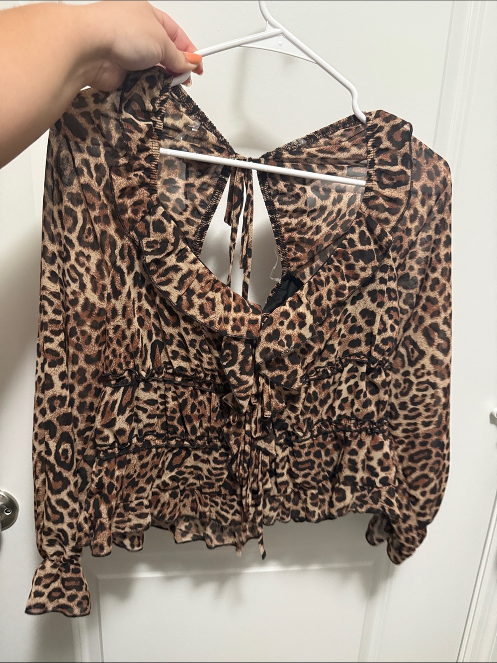 Leopard Print Ruffle Tie-Front Blouse - Brown